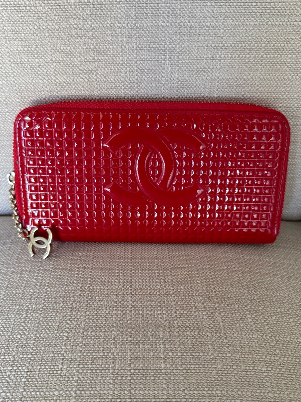 CHANEL Red Patent Quilted Zip-Around Wallet with CC Charm